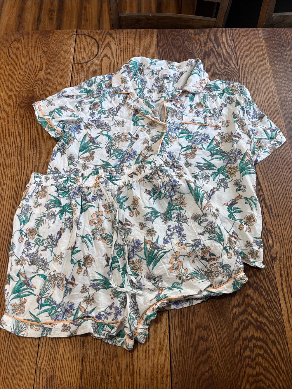 Japna Linen Blend White Floral Short Pajama Set with Green & Tan Botanical Print